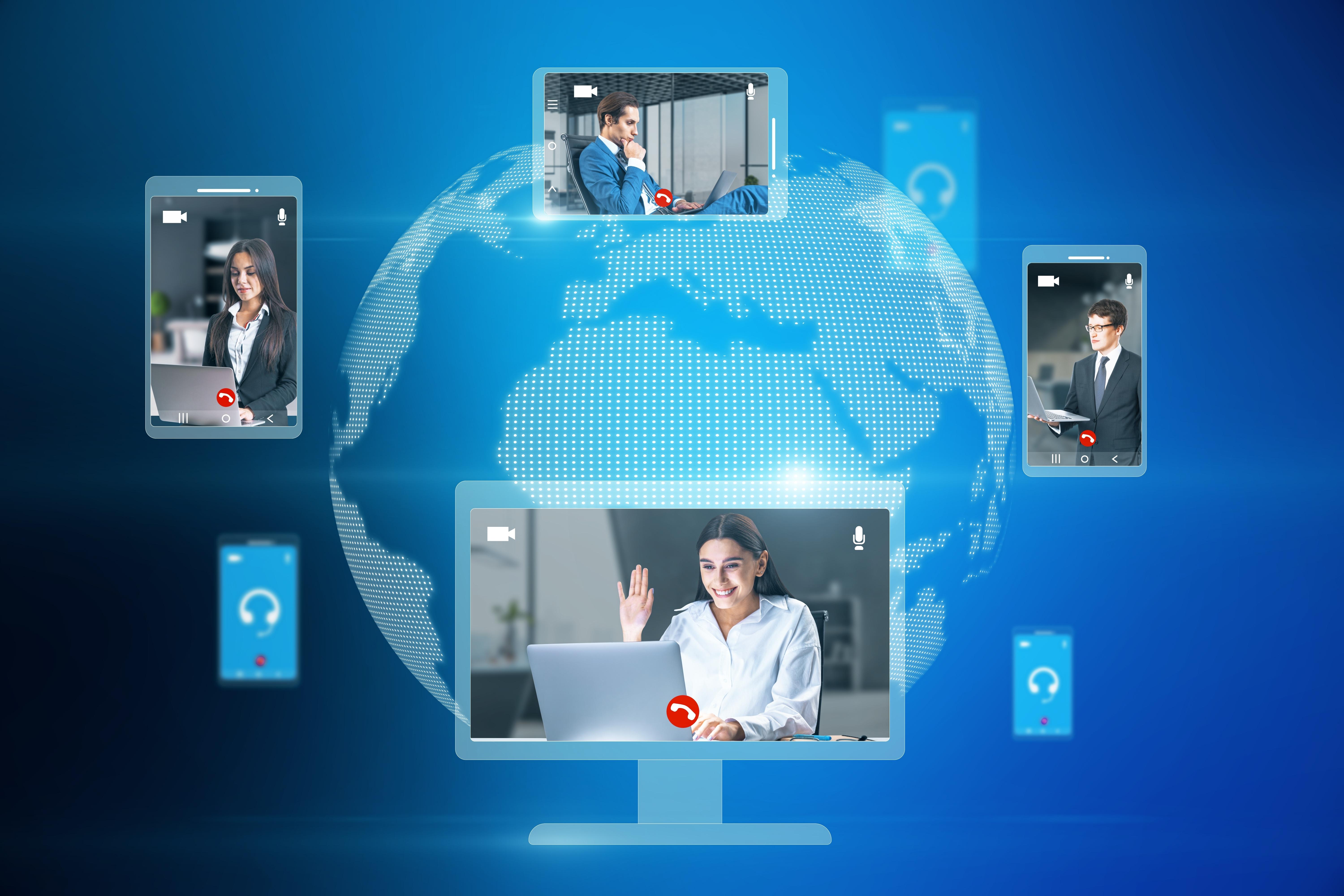 Video conference call in progress across digital devices on a desk